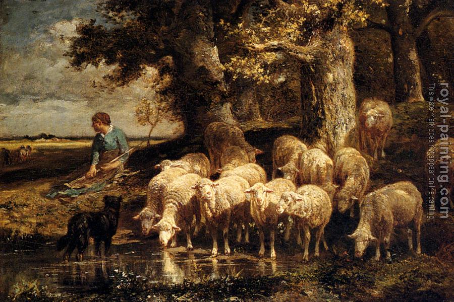 Charles Emile Jacque : A Shepherdess With Her Flock
